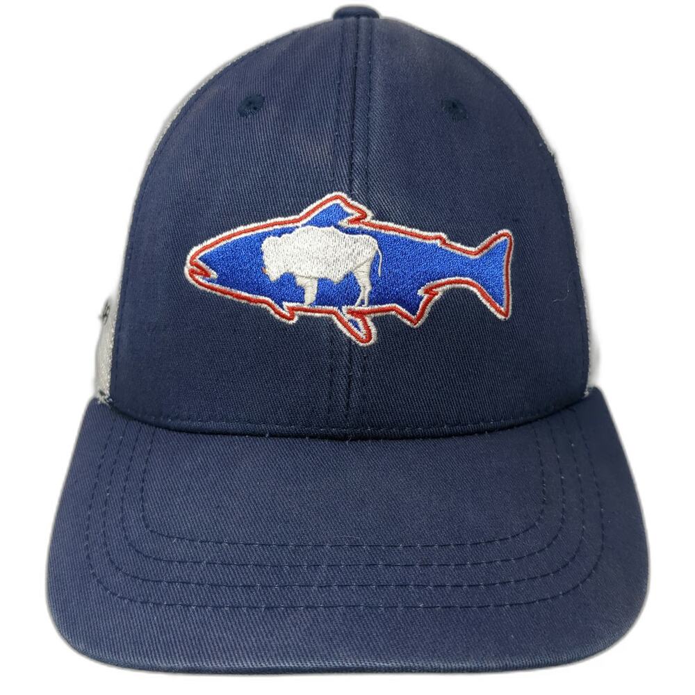 RepYourWater Trucker Hat Blue One Size Snapback Mesh Back Fish Buffalo Logo